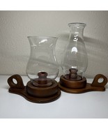 2-Vintage Wooden Candle Holders With Glass Hurricane Shades Cottage Core... - $20.00