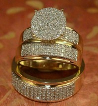 14K Oro Amarillo Chapado Diamante Novia Imitación Anillo Él y Ella Trío Set - £123.01 GBP