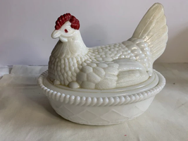 Glass Milk Glass Hen on Nest Covered Chicken Candy Dish - $22.81