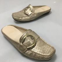 Stuart Weitzman 6.5 Gold Perforated Leather Buckle Slides Flats - $53.41