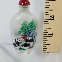 Vintage Reverse Painted Snuff Glass Bottle Pandas Chinese Signed Red Lid - $20.56