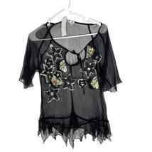 Women Black Silk Casual Summer Sheer Beaded Embroidered Lace Size M Blouse Top - £13.78 GBP