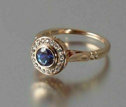 0.75CT Round Cut Blue Sapphire &amp; Diamond Halo Engagement Ring 14K Rose Gold Over - £78.57 GBP