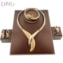 Liffly Indian Jewelry Set Dubai Gold Big Necklace African Bracelet Earrings Ring - £20.51 GBP