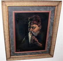 Oriental Man Smoking Pipe 29x35 Framed Oil on Velvet Painting, Signed by Powell - £276.81 GBP