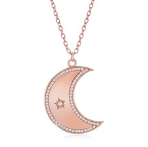 Crescent Moon with CZ Border &amp; Center Star Necklace Rose Gold Plated - £46.57 GBP