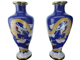 Large Vintage Chinese Cloisonné Dragon Vases Mirror Pair - £252.28 GBP