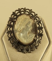 Vtg Signed Sterling Silver Carved Female Right MOP Shell Cameo Pendant Brooch - £43.52 GBP