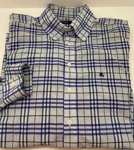 Burberry London Button Front Shirt Mens 16.5 42 Blue Plaid Long Sleeves - $49.48