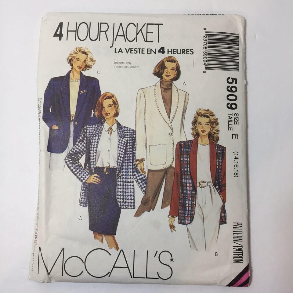 McCall's 5909 Size 14 16 18 Misses Lined Unlined Jacket - $12.86