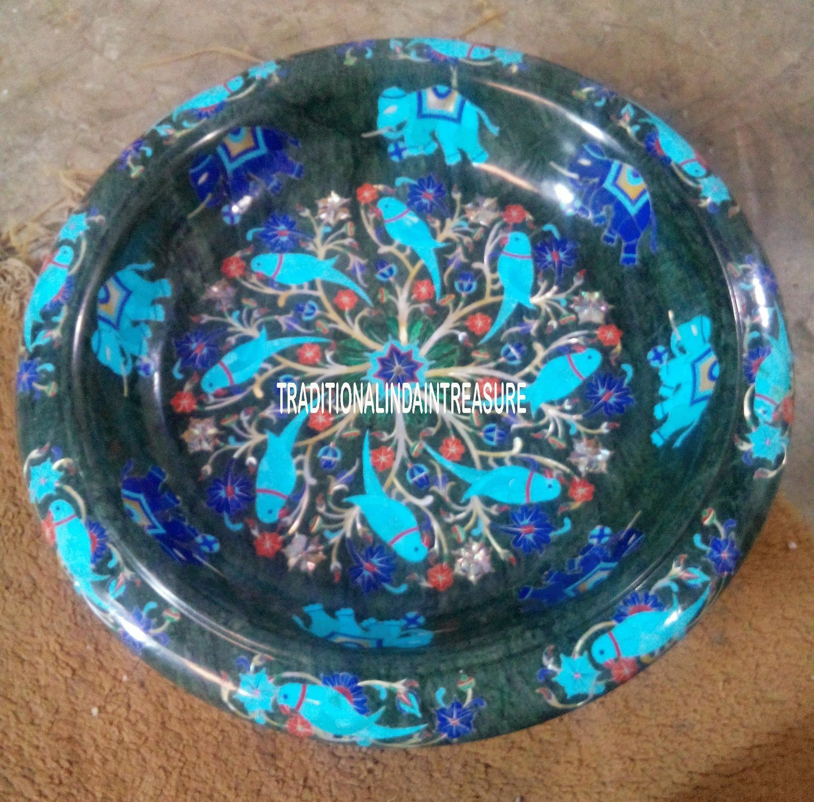 Primary image for 12" Black Marble Bowl Turquoise Parrot Elephant Multi Inlay Floral Design Decor