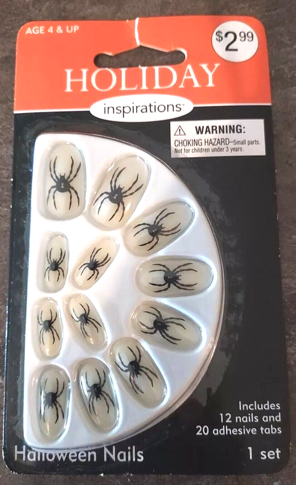 12 Press on Nails White with Black Spider Design Halloween 20 Adhesive T... - $2.96