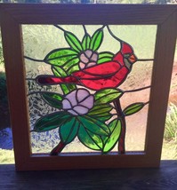 Cardinal and Rhododendron Stained Glass Framed Panel - $295.00