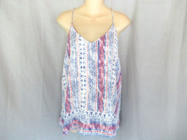 Newbury Kustom tank top L/M racerback white blue multi print USA - $12.69