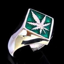 Sterling silver ring Marijuana leaf Ganja symbol on Green enamel diamond shape W - £51.54 GBP