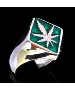 Sterling silver ring Marijuana leaf Ganja symbol on Green enamel diamond... - £51.14 GBP