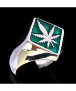 Sterling silver ring Marijuana leaf Ganja symbol on Green enamel diamond... - $88.51 CAD