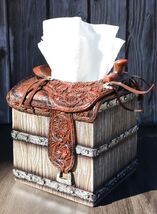 Rustic Western Faux Leather Cowboy Horse Saddle On Crate Tissue Box Hold... - €33,71 EUR