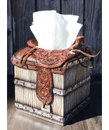 Rustic Western Faux Leather Cowboy Horse Saddle On Crate Tissue Box Hold... - $711.65 MXN