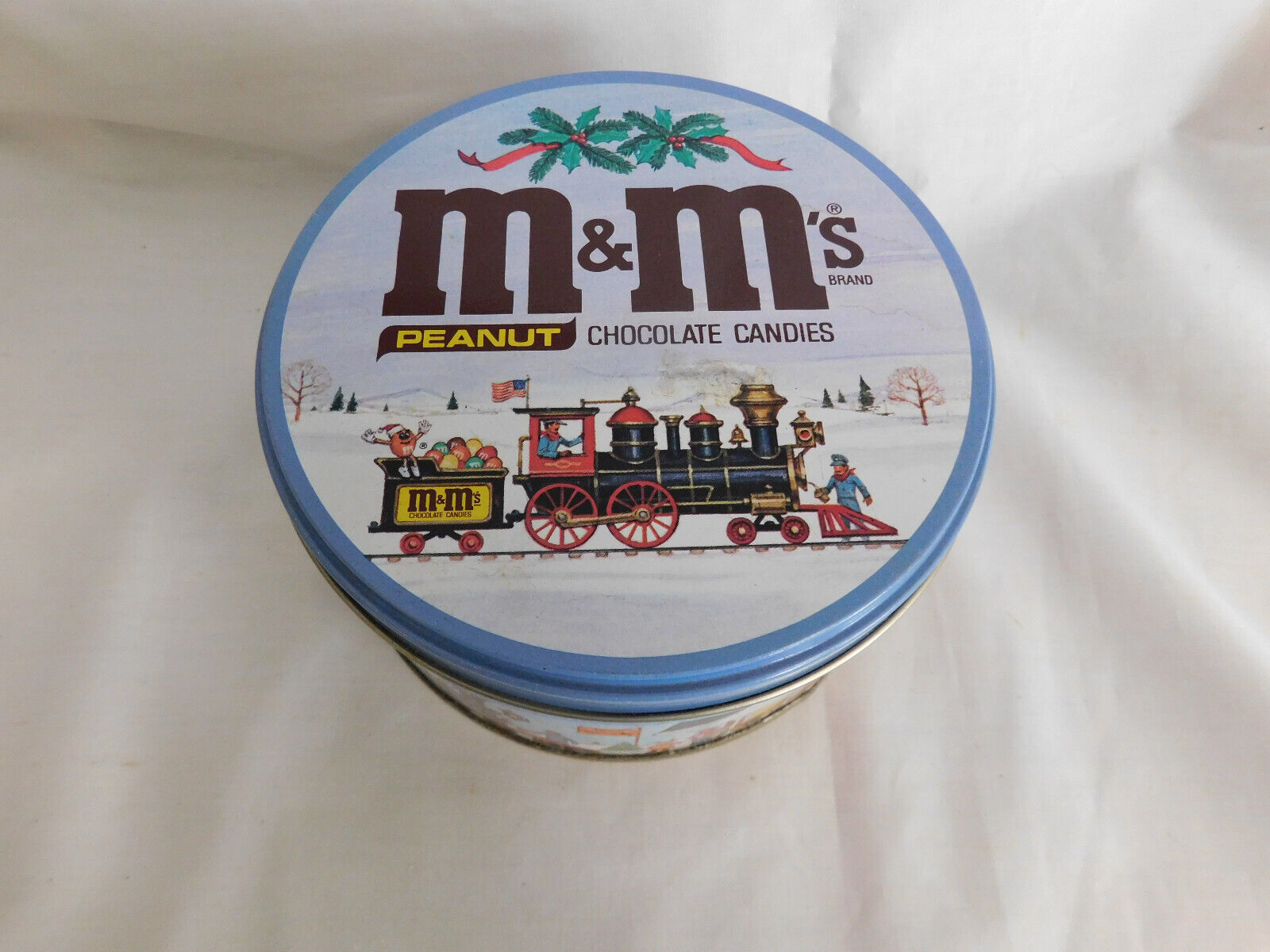 M Ms Peanut Chocolate Candies With Train Scene Horse Sleigh Tin Canister - $2.99