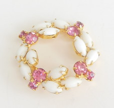 Vintage Ladies Jewelry Brooch Pin Wreath Navette Milk Glass Pink Rhinestones - £21.54 GBP