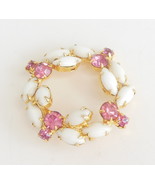 Vintage Ladies Jewelry Brooch Pin Wreath Navette Milk Glass Pink Rhinest... - £21.19 GBP