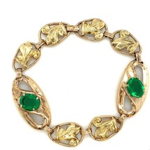 Vtg 12KT Gold Filled Signed PR ST Co Floral Green Rhinestone Link Bracelet 6 3/4 - £46.54 GBP