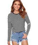 SweatyRocks Women&#39;s Casual Striped Tee Shirt Long Sleeve Round Neck Top - $19.79