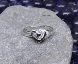 925 Sterling Heart Shape Silver Ring White CZ Studded Platinum Finish - £12.97 GBP