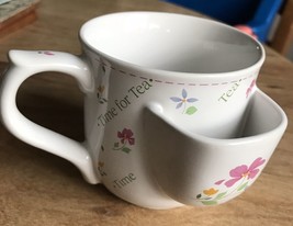 Papel “Time for Tea” Cup Mug W/Tea Bag Holder Colorful Flowers White Ceramic - £7.76 GBP