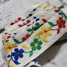 Vintage Embroidered Floral Fabric Trim Edging Colorful Flowers Measures ... - $24.74