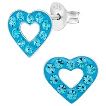 Crystal Heart 925 Silver Stud Earrings with Aqua Crystal - £11.19 GBP