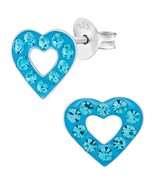 Crystal Heart 925 Silver Stud Earrings with Aqua Crystal - £11.07 GBP