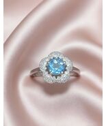 Swiss Blue Topaz Ring 925 Silver CZ Halo Adjustable Flower Statement Gift - $35.00