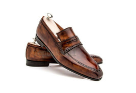 Handmade Men&#39;s Leather Brown Patina Loafers Slip On Designing Fashion Sh... - £186.88 GBP