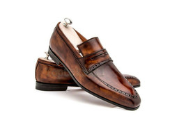 Handmade Men&#39;s Leather Brown Patina Loafers Slip On Designing Fashion Shoes-56 - £186.57 GBP