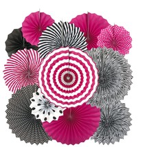 Hot Pink And Black Birthday Party Hanging Paper Fans Decorations - Women Girls B - £15.97 GBP