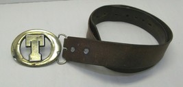 Vintage Used Leather Belt Brass Buckle Large T 36&quot; long Prop Decor - £7.44 GBP