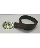 Vintage Used Leather Belt Brass Buckle Large T 36&quot; long Prop Decor - £7.40 GBP