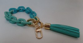 Interesting Key Ring Chunky Teal Links &amp; Tassel Goldtone Accents Wear Br... - $13.86