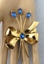 Vtg Coro Rhinestone Brooch Large Blue Oval Smooth Brilliant Gold Tone  3.5&quot; High - £38.54 GBP