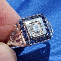 Earth mined Diamond Sapphire French cut Deco Engagement Ring Platinum Statement - $2,750.25