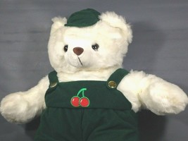 Vintage White Teddy Bear Plush Elite Toys RARE 20&quot; Green Corduroy Overalls - $59.00