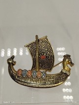 Vtg 1950&#39;s Viking Ship Boat Brooch Pin Made in Spain Gold Tone Black Blu... - £21.70 GBP