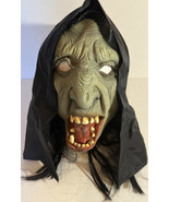 Halloween Witch Mask Scary Adult Mask Black Hood &amp; Hair Green Face Crazy... - £10.95 GBP