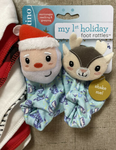 Infantino Unisex Baby Foot Rattles Santa 0+ & 8pk Holiday 2-ply Bibs/Bandanas - $19.96