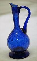 Cobalt Blue Art Glass Oil Vinegar Cruet Long Neck Swirl Footed Hand Blow... - $24.74