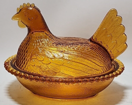 Vintage Amber  Indiana Glass 7&quot; Nesting Chicken Candy Dish - £27.58 GBP