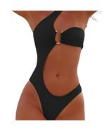 Black Strapless Bikini Top, Bow Detail, High-Waisted Bottoms One Shoulde... - $29.35