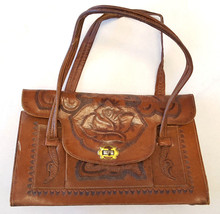 Handmade Genuine Leather Handbag Purse-Hand Tooled Floral-Brown-Vintage-... - $65.44